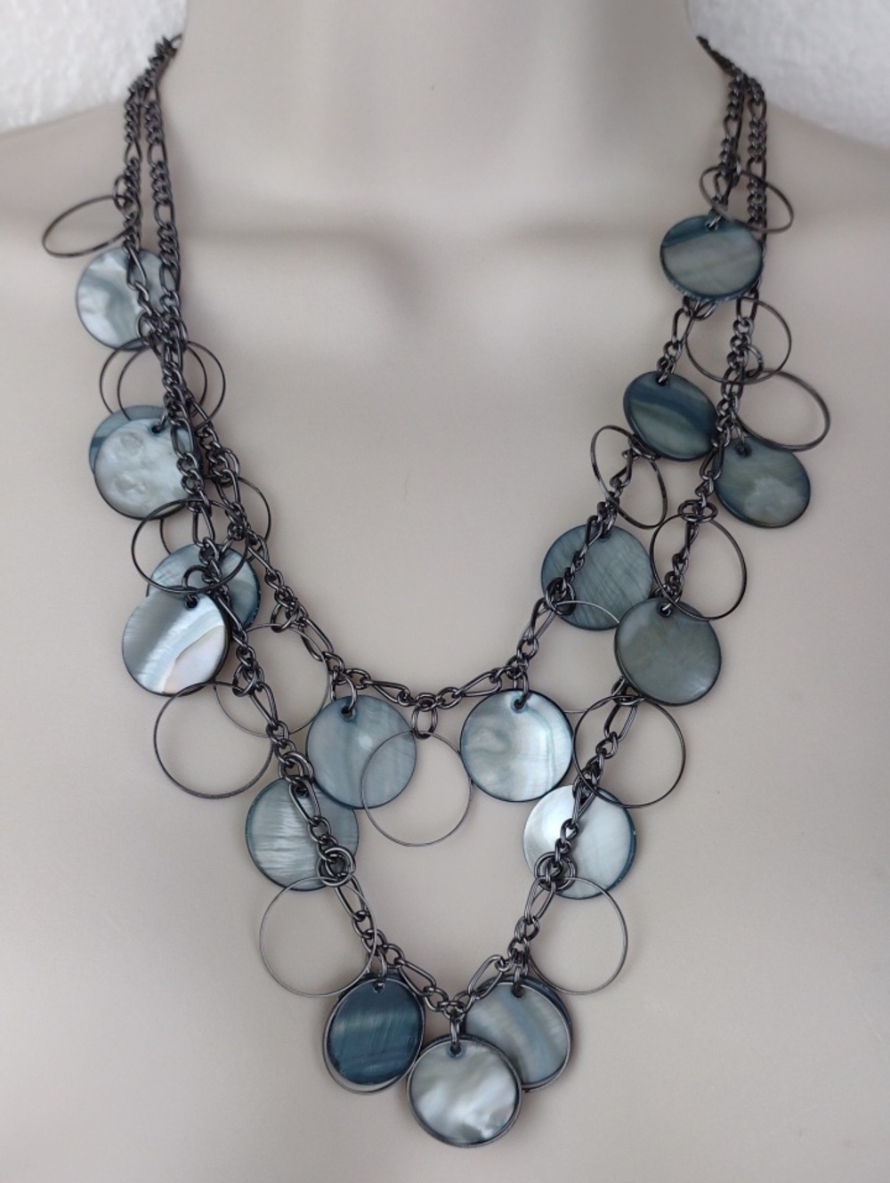 Edgy Cool Abalone Midnight-Blue Shell Disc & Wire Ring Concept Necklace